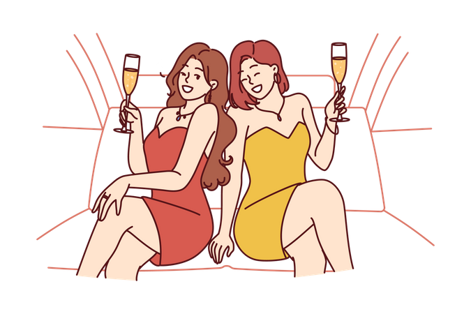 Mujeres famosas sentadas en un auto de lujo con vasos llenos de vino espumoso durante una fiesta  Ilustración