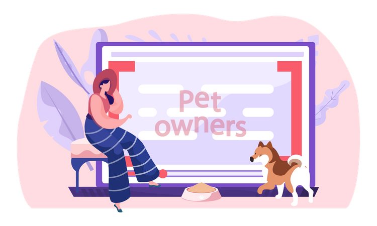 Mujeres cerca de la pantalla de la computadora con un tutorial sobre cómo tener perros en casa  Ilustración
