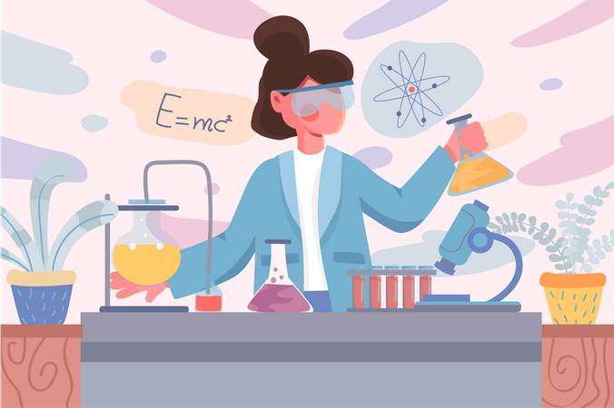 Mujeres científicas haciendo investigaciones científicas en el laboratorio  Ilustración