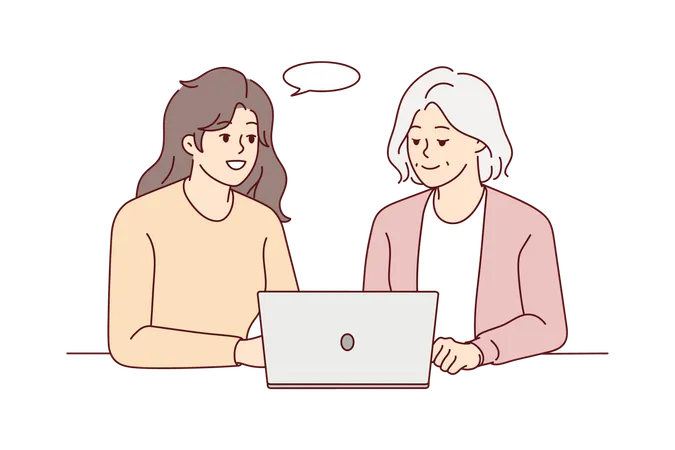 Mujeres compartiendo pensamientos mientras navegan por Internet  Ilustración