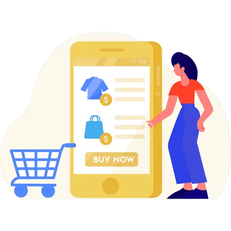 Mujeres comprando camisas y bolsos en línea en un sitio web de comercio electrónico  Ilustración