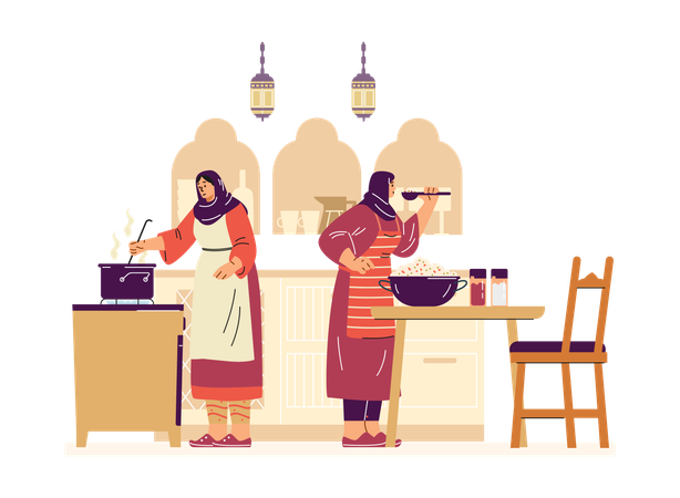 Mujeres con hijab cocinando sopa y ensalada frente a una cocina  Illustration