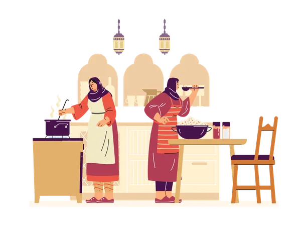 Mujeres con hijab cocinando sopa y ensalada frente a una cocina  Illustration