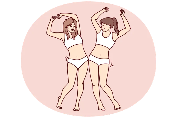 Mujeres delgadas en traje de baño que levantan las caderas se regocijan con el resultado de perder peso después de la dieta.  Ilustración