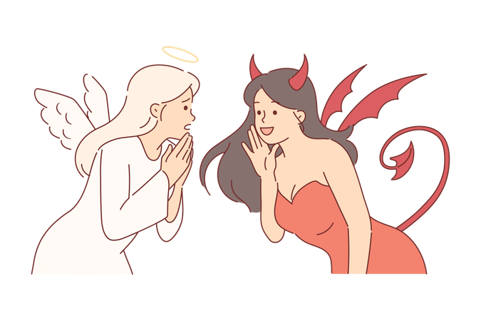 Mujeres vestidas de ángel y demonio para la fiesta de Halloween discutiendo juntas las últimas noticias  Ilustración