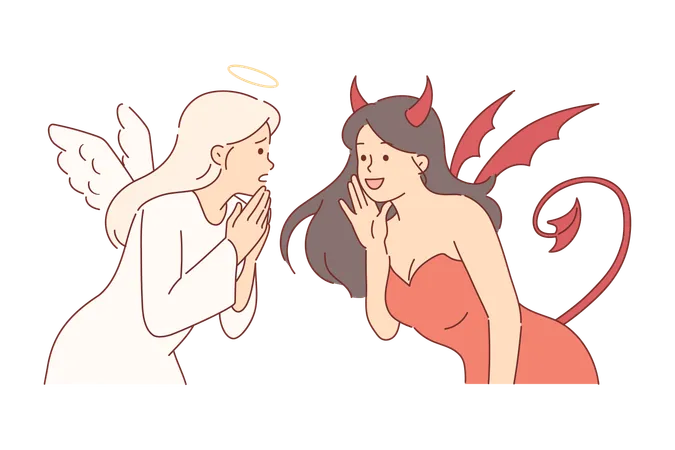 Mujeres vestidas de ángel y demonio para la fiesta de Halloween discutiendo juntas las últimas noticias  Ilustración