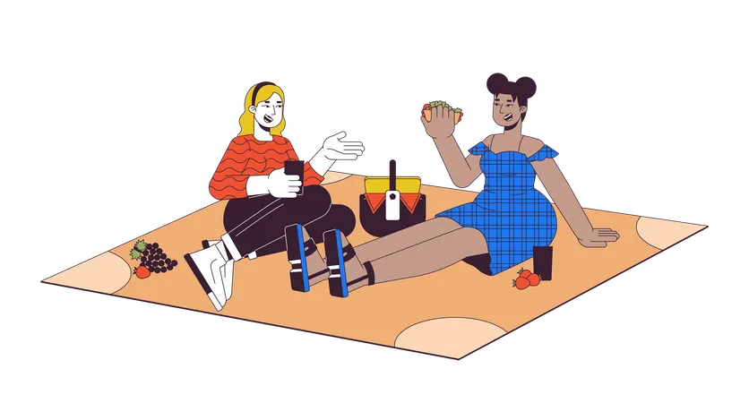 Mujeres diversas de talla grande haciendo picnic  Ilustración