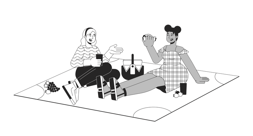 Mujeres diversas de talla grande haciendo picnic  Ilustración