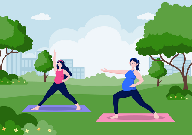 Mujeres embarazadas haciendo posturas de yoga con relajación en el parque  Ilustración