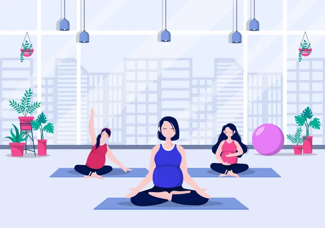 Señoras embarazadas haciendo yoga  Ilustración