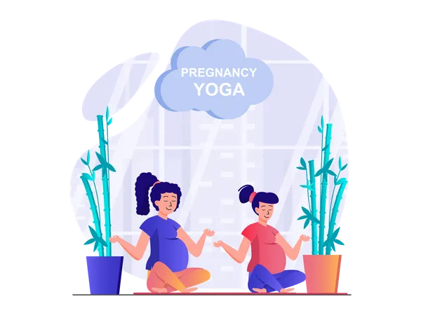 Mujeres embarazadas haciendo yoga y meditación.  Ilustración