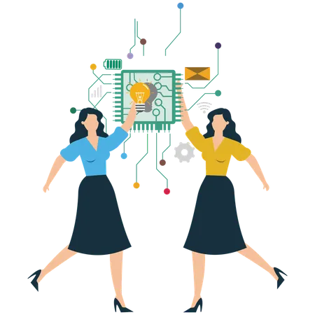 Mujeres empresarias colaboran en una idea de inteligencia artificial  Ilustración