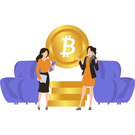 Mujeres de negocios discutiendo sobre bitcoin  Ilustración