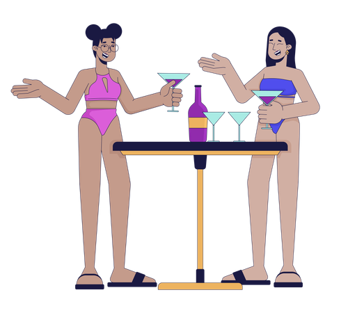 Mujeres en traje de baño disfrutan de cócteles.  Ilustración