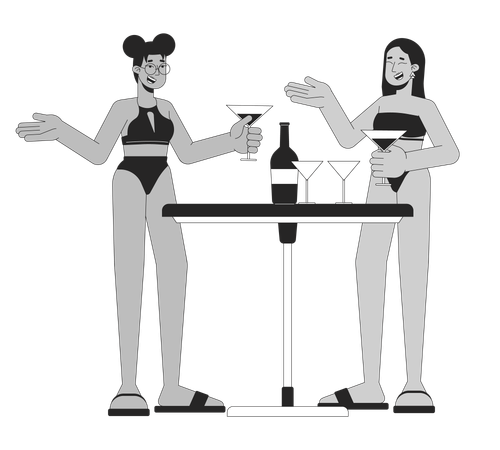 Mujeres en traje de baño disfrutan de cócteles.  Ilustración