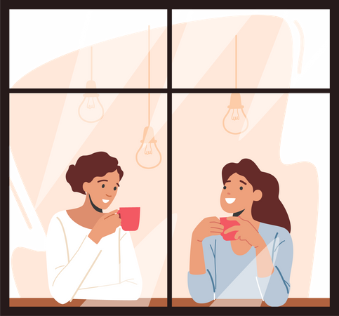 Mujeres en la cafetería conversando  Ilustración