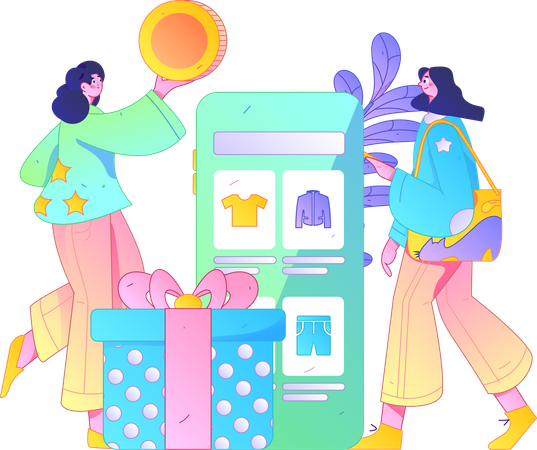 Mujeres felices haciendo compras  Ilustración