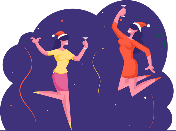 Mujeres felices sosteniendo copas de cóctel bailando y saltando con las manos arriba  Ilustración