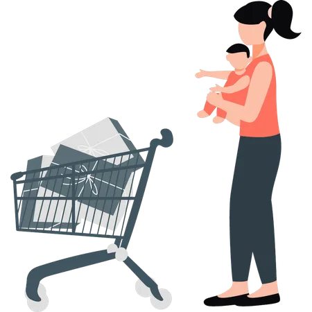 Mujeres haciendo compras con su hijo  Ilustración