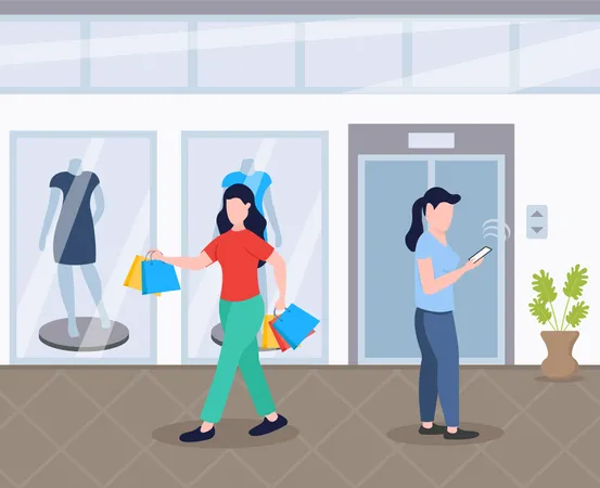 Mujeres haciendo compras en el centro comercial  Ilustración