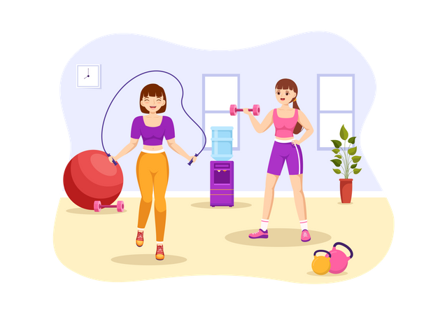 Mujeres haciendo ejercicio en el gimnasio.  Ilustración
