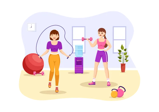 Mujeres haciendo ejercicio en el gimnasio.  Ilustración