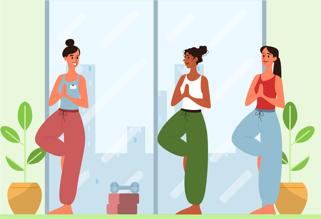 Mujeres haciendo yoga juntas  Ilustración