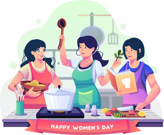 Mujeres hermosas felices cocinando juntas en la cocina para celebrar el día de la mujer  Ilustración