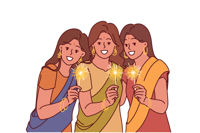 Mujeres indias con bengalas celebran el festival de Diwali  Ilustración