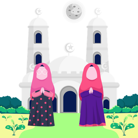 Mujeres islámicas rezando en una mezquita  Ilustración