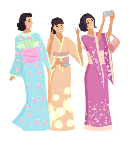 Mujeres japonesas haciendo selfie juntas  Ilustración