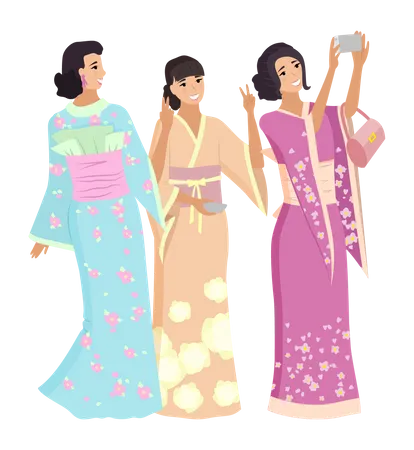 Mujeres japonesas haciendo selfie juntas  Ilustración