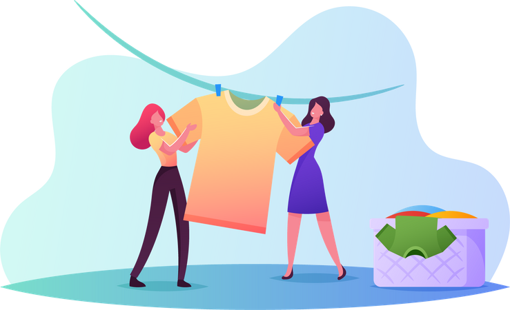 Mujeres jóvenes colgando ropa limpia y mojada en una cuerda de una canasta  Ilustración