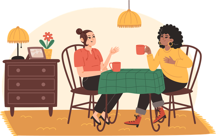 Las mujeres jóvenes están sentadas en la mesa de la cocina y se divierten hablando  Ilustración