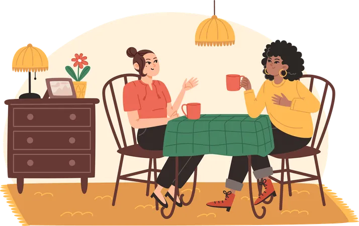 Las mujeres jóvenes están sentadas en la mesa de la cocina y se divierten hablando  Ilustración