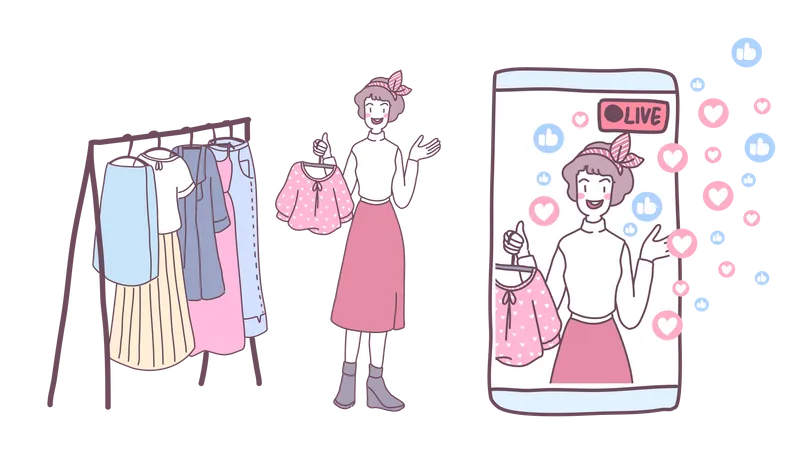 Mujeres jóvenes usan teléfonos inteligentes en vivo para vender ropa  Ilustración