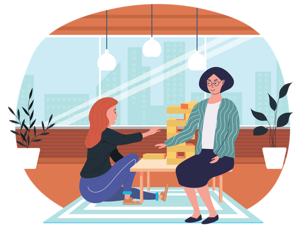 Mujeres jugando jenga en casa  Ilustración