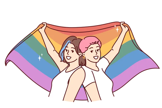 Mujeres lesbianas sosteniendo bandera LGBT  Ilustración