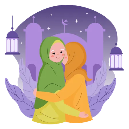 Mujeres musulmanas abrazándose en eid mubarak  Ilustración