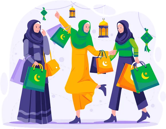 Las mujeres musulmanas están de compras en la venta de Ramadán  Ilustración