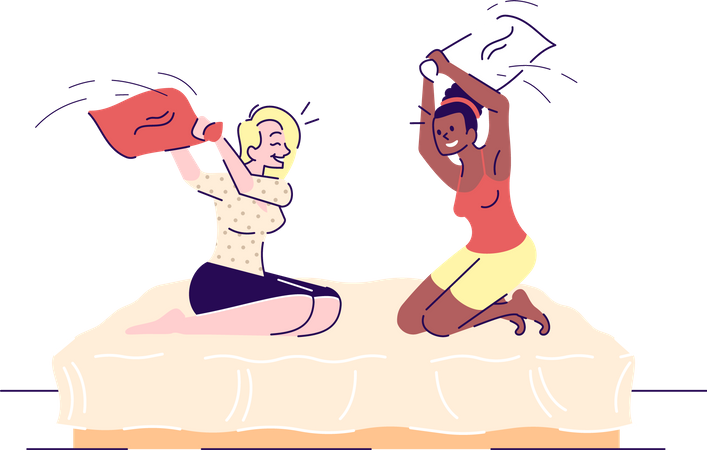 Mujeres peleando con almohadas  Ilustración