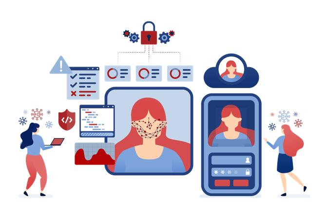 Mujeres usan reconocimiento facial y tecnología de seguridad biométrica para iniciar sesión en aplicaciones con una selfie  Ilustración