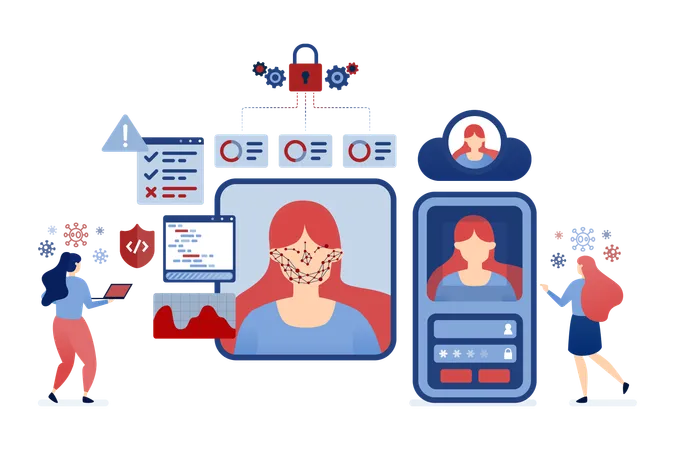 Mujeres usan reconocimiento facial y tecnología de seguridad biométrica para iniciar sesión en aplicaciones con una selfie  Ilustración