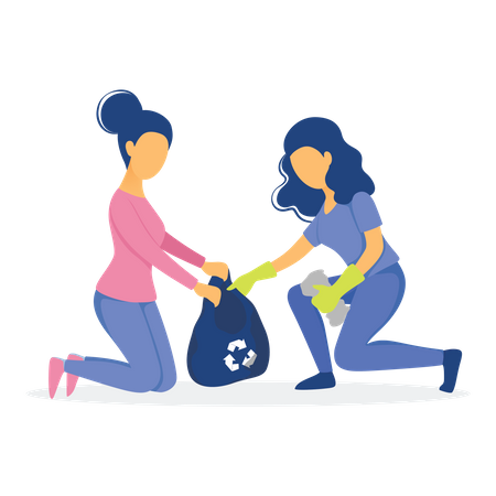 Mujeres recogiendo desechos en una bolsa  Ilustración