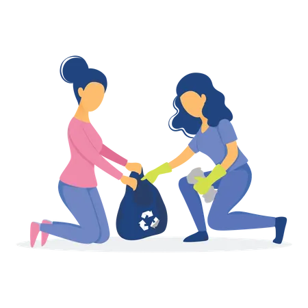 Mujeres recogiendo desechos en una bolsa  Ilustración