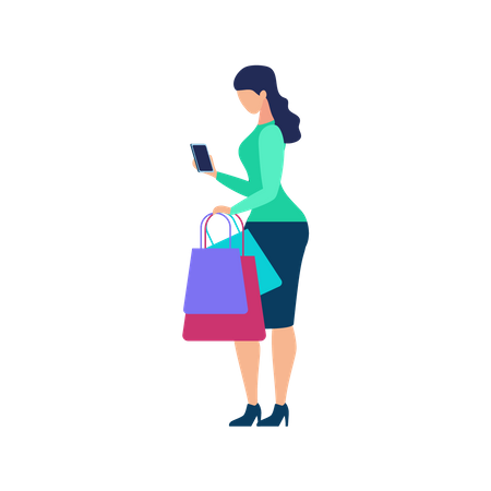 Mujeres sosteniendo bolsas de compras y haciendo pagos en línea  Ilustración