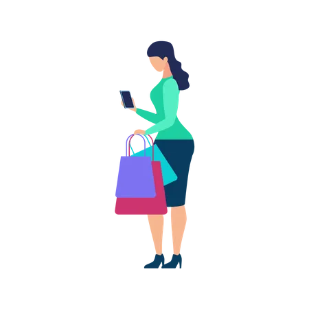 Mujeres sosteniendo bolsas de compras y haciendo pagos en línea  Ilustración