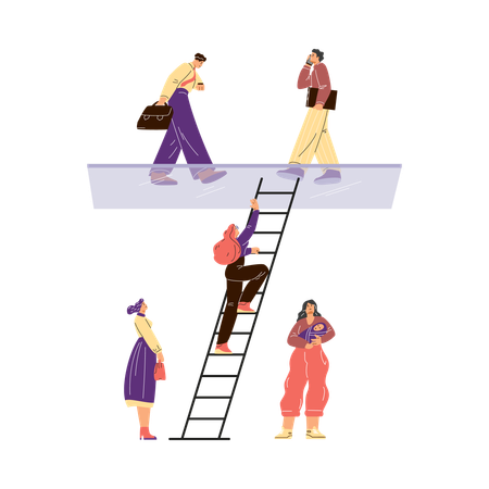 Mujeres subiendo una escalera hacia un techo de cristal donde hay hombres  Ilustración