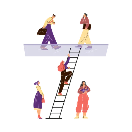 Mujeres subiendo una escalera hacia un techo de cristal donde hay hombres  Ilustración