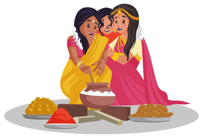 Las mujeres tamiles están sentadas juntas y cocinando comida.  Ilustración